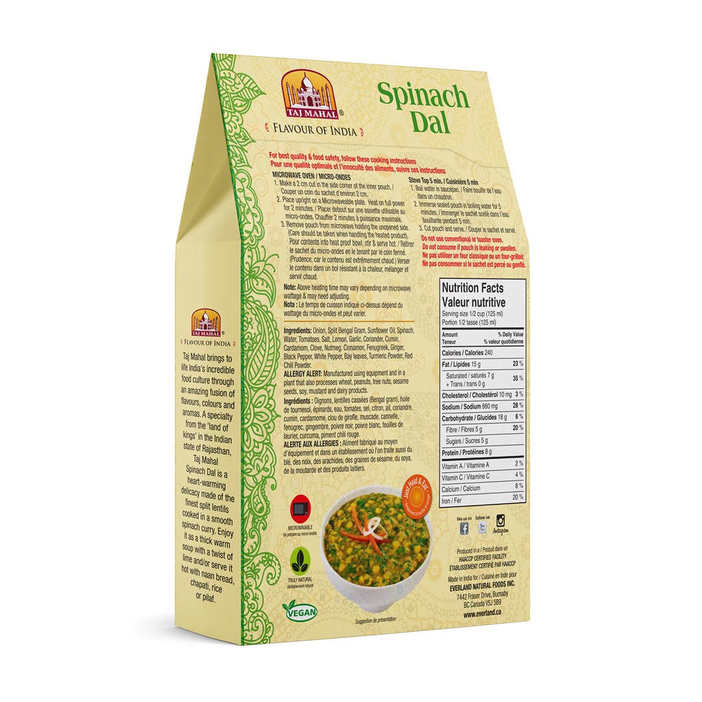 Taj Mahal Spinach Dal Ready-to-Eat Indian Meal, 6 Units x 285g ...